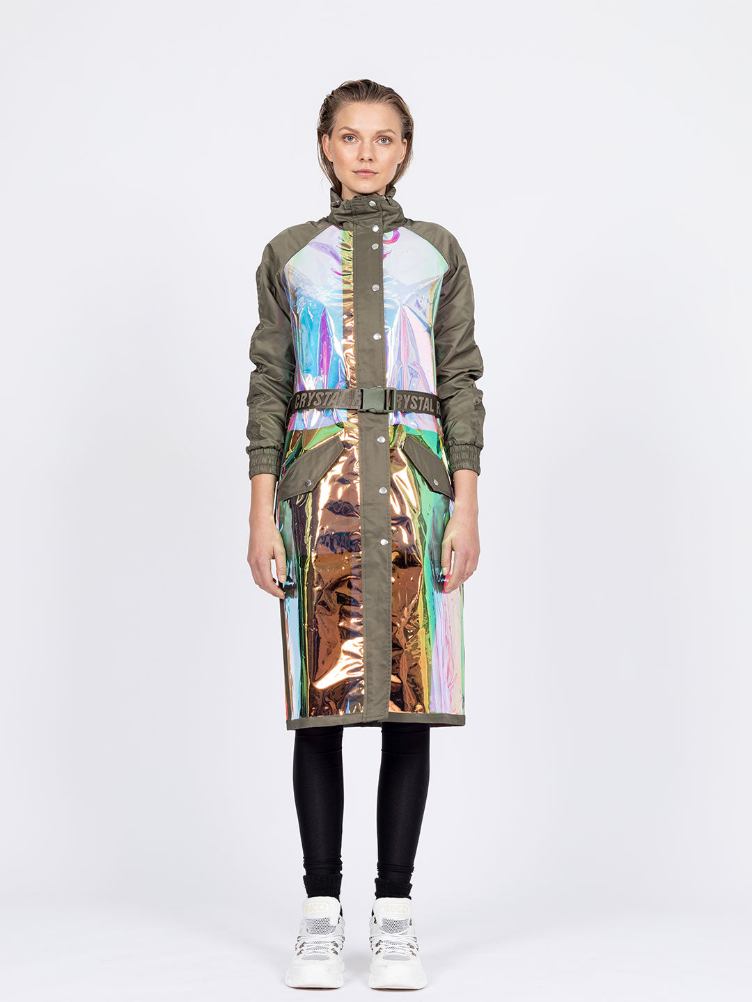 Holographic discount trench coat